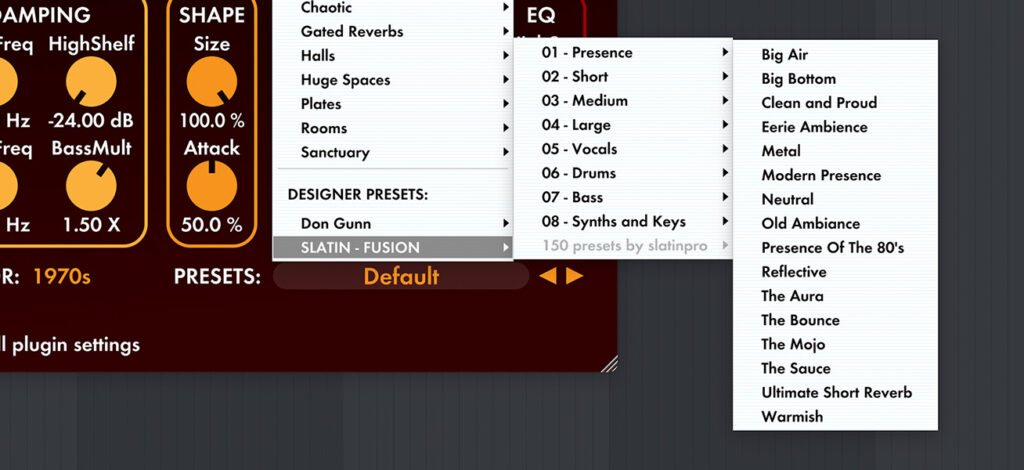 The FUSION preset menu inside Valhalla VintageVerb — 150 presets by slatinpro