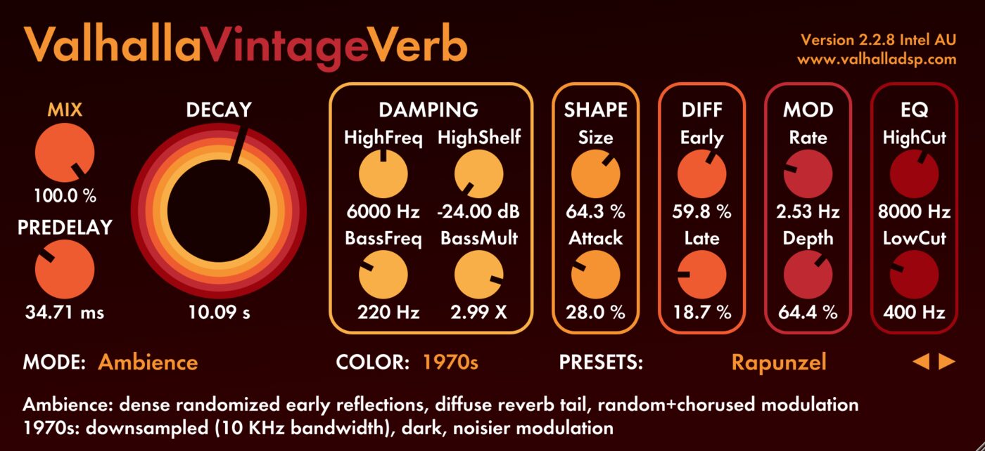 Valhalla VintageVerb with the free FUSION demo preset (1970s color mode)