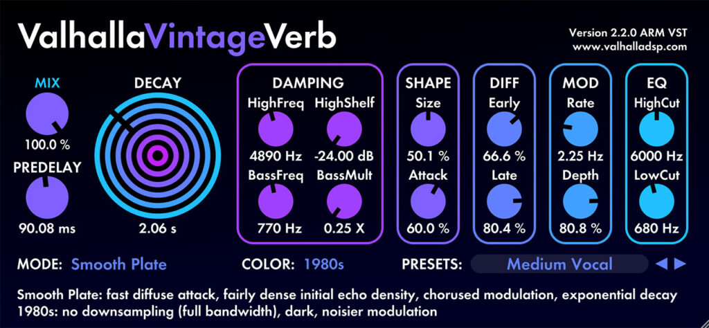 Valhalla VintageVerb loaded with the FUSION Medium Vocal preset
